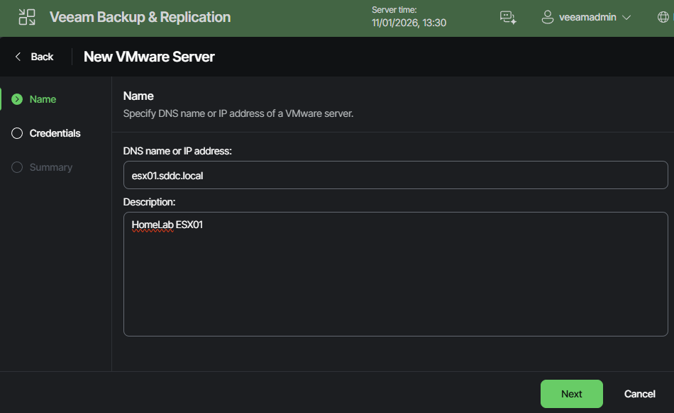 Adding an ESX or vCenter to VBR picture 01